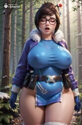 1girls ai_generated artist_name belt black-framed_eyewear blizzard_entertainment blue_gloves breasts brown_hair chinese_clothes closed_eyes covered_nipples curvy dress forest fur_trim glasses gloves hair_bun hair_ornament hair_stick hi_res huge_breasts jacket large_breasts lips mei_(overwatch) nature open_clothes open_mouth outdoors overwatch overwatch_2 patreon_logo patreon_username plump pouch r34arts short_hair single_hair_bun solo thick_thighs thighhighs thighs tongue tree wide_hips