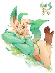 1girls anthro blush breasts cleavage clothed clothing cute_face ear eeveelution eyebrows eyelashes eyes female female_focus female_only fur furry generation_4_pokemon hair leaf leafeon panties pokémon_(species) pokemon pokemon_(species) pokemon_dppt rz tail underwear