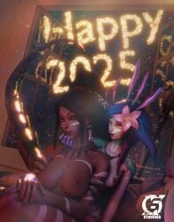 2girls 3d black_hair blue_hair breasts breasts_out dark-skinned_female dark_skin hand_on_chin league_of_legends light-skinned_female light_skin looking_at_viewer neeko nidalee otaviox6 riot_games yellow_eyes