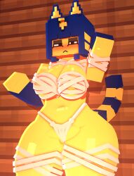 3d_(artwork) animal_crossing ankha ankha_(animal_crossing) anthro ass bandage bandaged_arm bandaged_leg bandages big_breasts black_eyes blue_hair blush breasts canid cat_girl catgirl coresvoid curvy curvy_body curvy_female curvy_figure digital_media_(artwork) domestic_cat felid feline felis female fur genitals hair hi_res horny_female huge_breasts makeup mammal microsoft mine-imator minecraft mojang nintendo pussy simple_background solo steve_(minecraft) tail thick_thighs thighs white_panties xbox_game_studios yellow_body