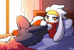 2025 ai_generated anthro balls bed bedroom erection femboy fur furniture generation_8_pokemon genitals headband hellsonger hi_res inside lagomorph looking_at_viewer lying lying_on_bed male mammal narrowed_eyes nintendo on_bed penis pillow pokemon pokemon_(species) raboot seductive solo