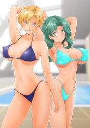 2girls absurdres alluring bare_legs bikini bishoujo_senshi_sailor_moon blonde_hair blue_bikini blue_eyes blush cameltoe cleavage closed_mouth covered_erect_nipples earrings green_eyes groin haruka_tenou highres indoors jewelry kaiou_michiru large_breasts long_hair looking_at_viewer michiru_kaiou multiple_girls nanashi_noiji navel open_mouth pool rei_no_pool sailor_neptune sailor_uranus short_hair smile swimming_pool swimsuit teal_hair ten'ou_haruka thong_bikini