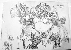 armor big_lips cellulite concept_art demon_lord drawing eyeless fangs fire_hair gauntlets giant greaves hammer horns loincloth moobs nipples overweight_male skull thick_thighs tusks voluptuous_male weapon wide_hips ze_blackball.d zeblackballd_(artist)