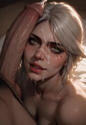 ai_generated big_penis breasts ciri completely_nude cum cum_on_face female green_eyes johnsmith8matrix831 light-skinned_female light-skinned_male looking_at_viewer male mascara nude penis penis_on_face scar the_witcher_(series) the_witcher_3:_wild_hunt white_hair