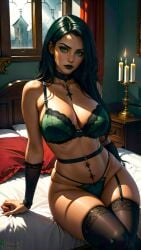 0assult0 ai_generated bed bed_covers bedroom belly_button black_stockings bridal_gauntlets candle candlelight castle chocker comic dark_green_hair dark_green_lipstick evil evil_eyes female garter_belt goddess green green_eyes green_lingerie inviting inviting_to_sex kim_possible large_breasts lingerie long_hair looking_at_viewer pillow seductive seductive_look sexy shego sitting_on_bed solo_focus stable_diffusion stockings villainess voluptuous voluptuous_female window wood