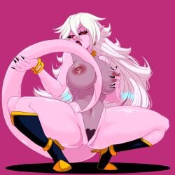 1girls 2022 areolae big_breasts black_fingernails black_lips black_sclera breasts dragon_ball eyelashes female female_only grabbing_own_breast heel_boots hi_res holding_own_tail holding_tail kiwiartsu leotard licking licking_tail long_hair looking_at_viewer majin narrowed_eyes nipple_piercing nipples purple_background pussy red_eyes solo squatting tail thick_thighs transparent_clothing white_hair