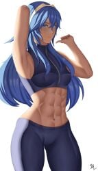 1girls arcedo athletic_female blue_eyes blue_hair female_abs fire_emblem fire_emblem_awakening fire_emblem_warriors fit_female gym_pants lucina_(fire_emblem) medium_breasts nintendo solo sports_bra