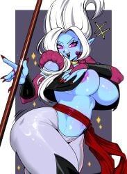 1girls 2024 areola_slip big_breasts blue_skin breasts dr._arinsu dragon_ball dragon_ball_daima dragon_ball_heroes earrings female female_only fusion fusion_character hi_res kiwiartsu long_hair looking_at_viewer pointy_ears purple_eyes red_fingernails sharp_fingernails smile smiling_at_viewer solo thick_thighs towa white_hair