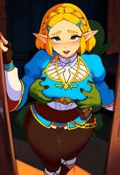 ai_generated blonde_hair blush cheating door doorway elf ene goblin grabbing grabbing_from_behind green_skin groping groping_breasts implied_sex interspecies looking_at_viewer monster netorare nintendo ntr pov princess princess_zelda pussy_juice saliva stealth_sex the_legend_of_zelda the_legend_of_zelda:_breath_of_the_wild