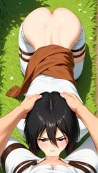 ai_generated ass big_penis eren_jaeger fellatio kneeling mikasa_ackerman perfect_body scarf shingeki_no_kyojin teenage_girl