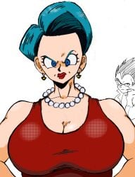 annoyed blue_eyes blue_hair bulma_briefs dragon_ball_z huge_breasts jewelry milf red_lipstick vegeta