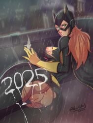 2025 accidart ass ass_focus barbara_gordon batgirl batman_(series) bodysuit cum cum_on_body dc_comics gotham_city green_eyes highres looking_at_viewer nipples pussy rain red_hair self_upload sideboob superheroine torn_clothes twitter_username wet wet_body wet_clothing wet_skin