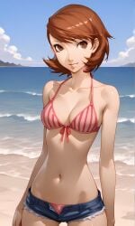 ai_generated athletic_female auburn_hair beach bikini denim_shorts happy persona persona_3 shorts skinny slim_waist swimsuit yukari_takeba