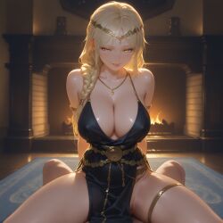 1boy ai_generated armlet bare_shoulders black_dress blonde_hair blush braid breasts circlet cleavage cowgirl_position cowgirl_position dress elden_ring female hair_over_shoulder indoors jewelry large_breasts long_hair looking_at_viewer necklace pelvic_curtain pov queen_marika_the_eternal smile solo_focus spread_legs straddling straight thighlet tongue tongue_out twoderrick yellow_eyes