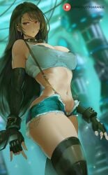 1girls araneesama black_hair breasts collar crop_top denim_shorts earrings elbow_gloves final_fantasy final_fantasy_vii fingerless_elbow_gloves fingerless_gloves gloves large_breasts long_hair looking_at_viewer midriff navel open_shorts overall_shorts panties red_eyes shorts spiked_collar thighhighs tifa_lockhart white_crop_top white_panties