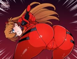 ai_generated ass bent_over blue_eyes breasts brown_hair cleavage female grin huge_ass looking_back medium_breasts mikadnsfwia neon_genesis_evangelion plugsuit pointing pointing_at_viewer red_bodysuit solo souryuu_asuka_langley
