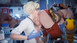 1girl1boy 1girls 2boys amputee big_ass big_balls big_belly big_breasts big_butt big_penis double_amputee female junkrat male male/female mercy overwatch overwatch_2 partially_clothed piroguh prosthetic prosthetic_arm prosthetic_leg prosthetic_limb rimjob rimming rimming_male roadhog straight tattoo titjob