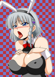 animal_ear blue_eyes blush breasts bunny_girl bunnysuit cleavage erect_nipples nipples open_mouth seolla_schweizer super_robot_wars