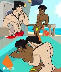 abs anal_sex beach beard black_hair comic dark_skin disventure_camp gay gay_domination gay_sex james_(disventure_camp) james_costa lifeguard male_only muscles muscular scar scar_on_face speedo swimsuit tdda19 thomas_reed tom_(disventure_camp) whistle whistle_around_neck yaoi