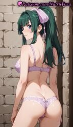 1girls ai_generated anime anime_style arms_at_sides ass back bangs bare_arms bare_shoulders blue_eyes blunt_bangs blush bow bow_bra bra breasts brick_wall bust busty butt_crack cowboy_shot dimples_of_venus female female_focus female_only from_behind green_hair hair_intakes hair_ribbon hairbow hentai high_ponytail indoors juicy_butt lace-trimmed_bra lace-trimmed_panties large_breasts lingerie long_hair looking_at_viewer looking_back median_furrow medium_breasts natsuyoru oshiri panties pantsu parted_lips ponytail purple_bow purple_bra purple_panties pussy_juice ribbon shoulder_blades sideboob sidelocks smile solo solo_female standing stone_wall tate_no_yuusha_no_nariagari the_rising_of_the_shield_hero underwear underwear_only voluptuous voluptuous_female wall white_bow yomogi_emarl