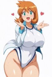 ai_generated bangs blush breasts cameltoe closed_mouth clothing competition_swimsuit covered_navel curvaceous female female female_only green_eyes gym_leader highleg highleg_swimsuit huge_breasts jacket kasumi_(pokemon) kasumi_(pokemon) large_breasts legs long_sleeves looking_at_viewer misty_(pokemon_hgss) navel one-piece_swimsuit open_clothes open_jacket orange_hair pokemon pokemon_character pokemon_gsc pokemon_hgss shiny_hair shiny_skin shirt short_hair smile solo standing swimsuit tank_suit thick_thighs thighs wet white_jacket white_one-piece_swimsuit white_swimsuit wide_hips