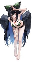 barefoot bikini black_hair feet female navel red_eyes tadano1129 touhou utsuho_reiuji white_background wings wink