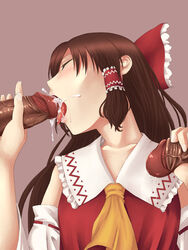 bow brown_hair closed_eyes cum cum_in_mouth cum_on_tongue dark-skinned_male dark_skin detached_sleeves double_handjob ejaculation fellatio female group_sex hairbow handjob human interracial long_hair male masa0430 multiple_penises oral penis reimu_hakurei solo_focus straight tongue touhou uncensored