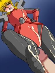 blonde_hair censored color cum cum_on_body cum_on_legs cum_on_lower_body cum_on_upper_body cumdrip feet femdom footjob footjob_with_legwear heterochromia katina_tarask looking_down nicchi_sangyou nitch_industry pantyhose penis pilot_suit pov standing standing_footjob super_robot_wars super_robot_wars_original_generation tongue