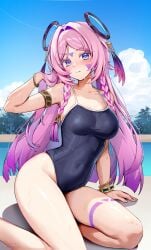 1girls blue_eyes blush breasts citlali_(genshin_impact) facial_markings female foxyrain_(foxyreine) foxyreine genshin_impact hair_ornament light-skinned_female light_skin long_hair one-piece_swimsuit pink_hair swimsuit