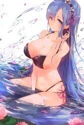 alternate_breast_size alternate_hairstyle arm_between_legs bare_arms bare_belly bare_shoulders belly_button big_breasts bikini black_bikini blue_eyes blue_hair blush breasts cleavage closed_mouth collarbone hair_ornament hair_ribbon long_hair maid_headdress partially_submerged re:zero_kara_hajimeru_isekai_seikatsu rem_(re:zero) side-tie_bikini_bottom sitting smile thighhighs thighs tomochi_(tmc_tmc8) water white_thighhighs