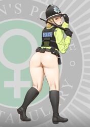 absurdres anoni-chan anus ass ass_focus badge baton baton_(weapon) belt belt_pouch black_belt black_footwear black_gloves black_hat black_helmet black_vest blonde_hair blush boots chin_strap commission commissioner_upload cuffs custodian_helmet female from_behind gloves green_hair green_jacket handcuffs hat helmet highres holding holding_hat holding_unworn_clothes jacket looking_at_viewer looking_back military_combat_uniform no_pants nude original police police_badge police_hat police_uniform policewoman pouch pussy riding_boots simple_background surprised sweat tactical_clothes united_kingdom venus_symbol vest weapon