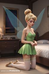 1girls ai_generated artist_name bare_shoulders bed bedroom blonde_hair blue_eyes breasts cleavage clock closed_eyes disney dress earrings eyeshadow fairy fairy_wings full_body green_dress hair_bun hi_res indoors jewelry kneeling lamp makeup mascara medium_breasts nose on_bed peter_pan_(disney) pillow ponytail r34arts realistic short_dress single_hair_bun solo strapless strapless_dress thighhighs tinker_bell watermark web_address white_thighhighs wings