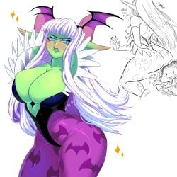 1girls 2022 aqua_eyes arms_behind_head bat_print big_breasts blush capcom cosplay darkstalkers female female_only green_skin head_wings hi_res kiwiartsu leotard long_ears long_hair looking_at_viewer morrigan_aensland_(cosplay) original original_character pantyhose pink_pantyhose pointy_ears slit_pupils solo succubus thick_thighs white_background white_hair