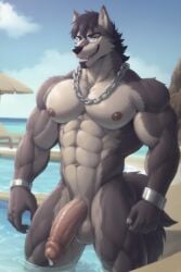 abs ai_generated bara bara_tiddies barazoku furry furry_only gay glasses kemono muscular muscular_male pecs pool six_pack solo solo_male werewolf wolf