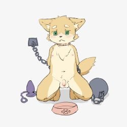 1boy animal_humanoid ballsack chained cub cute dildo dog_bowl squatting testicles tiny_penis unhappy