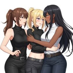 (grand_theft_auto) 3girls ai_generated angry_face black_body black_hair blonde_female blonde_hair brown_hair carl_johnson catalina_vialpando grand_theft_auto grand_theft_auto:_san_andreas huge_breasts hugging rule_63 smile wfyst white_body white_skin yuri yuri yuri