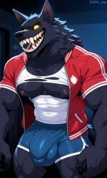 ai_generated anthro bulge_through_clothing claws clothed clothed_male creepy detailed_bulge furry_male furry_only glowing_eyes hairy_male huge_pecs jock male_focus male_only monster muscular nipples pectorals ripped_shirt scary sharp_teeth shirt_in_mouth solo_anthro solo_male werewolf