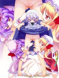 barefoot bat_wings blonde_hair blue_hair braid cup dress dress_lift female flandre_scarlet hat kuuki maid maid_headdress multiple_girls no_panties panties panty_pull peeing ponytail purple_hair pussy red_eyes remilia_scarlet sakuya_izayoi short_hair side_ponytail silver_hair skirt skirt_lift teacup tied_hair touhou twin_braids uncensored underwear wings yuri zoom_layer