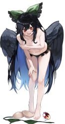 @_@ barefoot bikini black_hair blush breast_padding feet female navel open_mouth red_eyes tadano1129 touhou utsuho_reiuji white_background wings wink