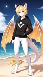 1cuntboy 2025 ai_generated anthro beach blonde_hair blue_eyes blushing bottomless cuntboy digitigrade dragon heterochromia hi_res hoodie horns innie_pussy intersex looking_at_viewer mythological_creature mythological_scalie mythology outdoors pussy red_eyes scalie seaside white_body wings