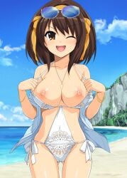 1girls 2d beach big_breasts bikini bracelet brown_eyes cameltoe collarbone dark_brown_hair eyebrows_visible_through_hair eyewear_on_head hairband haruhisky necklace nipples ocean open_mouth presenting short_hair sunglasses suzumiya_haruhi suzumiya_haruhi_no_yuuutsu thick_thighs white_bikini wide_hips wink winking_at_viewer yellow_hairband yellow_headwear