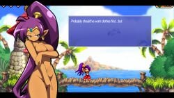 1girls blush embarrassed_female embarrassed_nude_female english_text exhibition exhibitionism exhibitionist exposed female female_only naked nude nude_female outdoor_nudity outdoors outside outside_nudity shantae shantae_(character) solo text