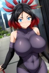 1girls ai_generated black_hair blue_eyes blush closed_mouth female female_only hi_res hiramori_mitsuko huge_breasts pose red_hair rosenly short_hair smile solo suit voluptuous_female yu-gi-oh! yu-gi-oh!_go_rush!!