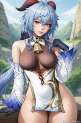 1female ai_generated big_hips blue_hair breasts curvy curvy_figure female ganyu_(genshin_impact) genshin_impact horns hoyoverse looking_at_viewer mihoyo pony_diffusion_xl secret_room12 sitting stable_diffusion video_game video_game_character video_games