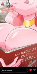 2025 axxxolartz big_breasts book breasts cartoon_network digital_drawing_(artwork) digital_media_(artwork) english_text exhibitionism eyeless female female_only focus_on_breasts holding_object huge_breasts instagram instagram_story instagram_username large_breasts miss_heed_(villainous) outdoors phone photo_background pink_body pink_hair pink_skin public_nudity selfie smile smiling spanish_text taking_picture villainous
