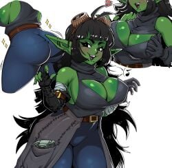 1girls 2024 ahoge ass big_breasts black_eyes black_hair blush cleavage clothing commission ear_piercing female female_only goblin goblin_female goggles_on_head green_skin hi_res kiwiartsu long_hair looking_at_viewer pointy_ears smiling smiling_at_viewer solo thick_ass white_background