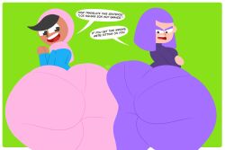 2025 2girls accurate_art_style altzegoz_(artist) ass big_ass black_eyes black_hair breasts clothed clothing dark-skinned_female dark_skin dialogue duolingo happy hijab huge_ass large_ass lily_(duolingo) muslim muslim_female purple_hair smile spanish spanish_dialogue spanish_text teeth thick thick_thighs tongue zari_(duolingo)