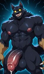 ai_generated claws creepy dripping_cum furry_male furry_only glowing_eyes hairy_male huge_nipples huge_pecs intimidating looking_at_viewer male_focus male_only monster monster_cock muscular nipples pectorals scary sharp_teeth smile smiling_at_viewer solo_anthro solo_male standing tail werewolf