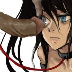 as109 black_hair black_rock_shooter black_rock_shooter_(character) blue_eyes collar color eye_fucking eye_penetration face female imminent_rape interracial leash lips long_hair penis simple_background skull_fucking uncensored veiny_penis white_background