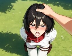 after_fellatio ai_generated cum_in_mouth eren_jaeger kneeling mikasa_ackerman perfect_body scarf shingeki_no_kyojin teenage_girl